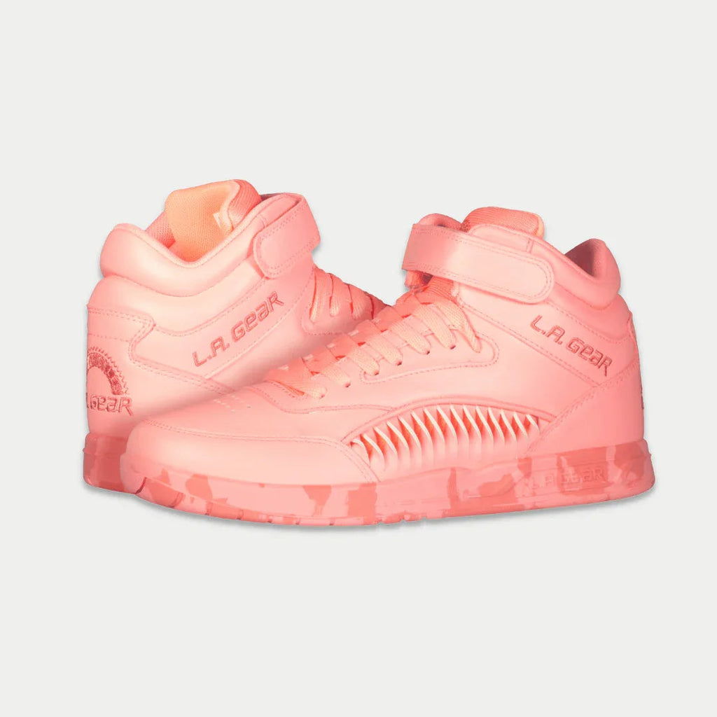 Neon peach high-top sneakers with side LA Gear logo and hook-and-loop strap