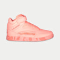 Neon peach high-top sneakers with hook-and-loop strap and flame-pattern sole