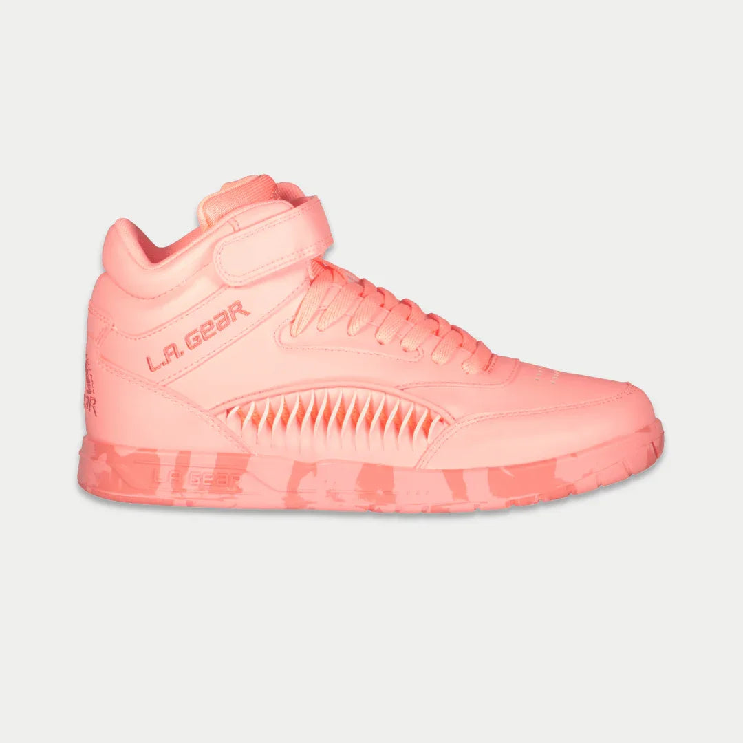 Neon peach high-top sneakers with hook-and-loop strap and flame-pattern sole