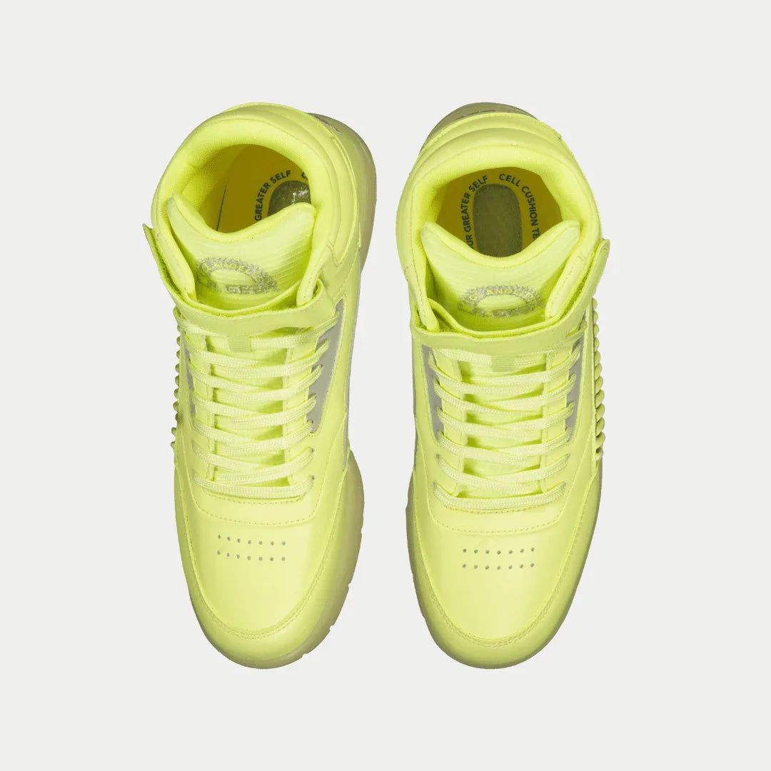 Neon yellow high-top sneakers with lace-up front and padded tongue detail