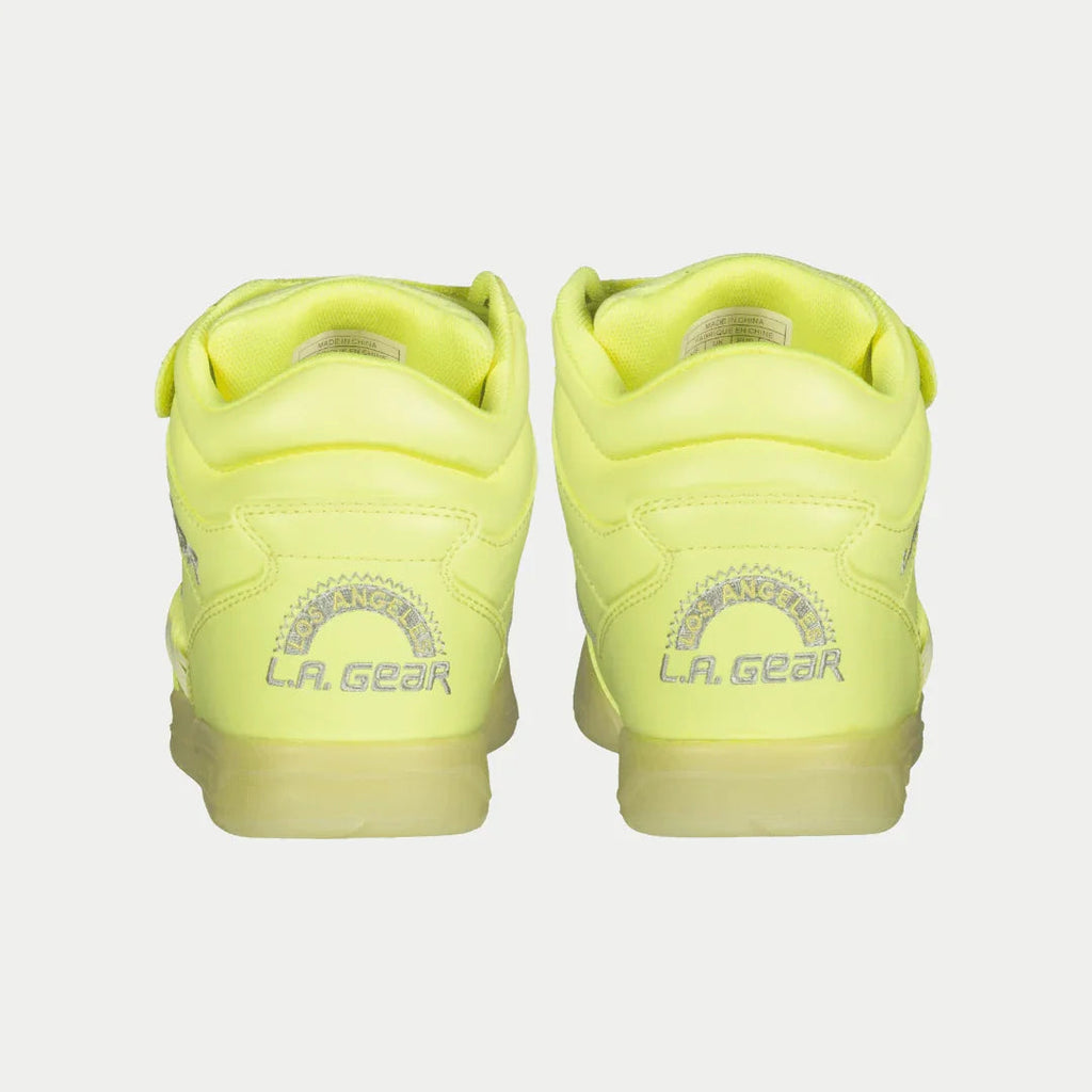Neon yellow high-top sneakers with rear LA Gear logo and padded heel