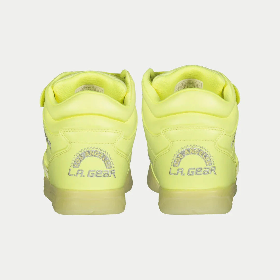 Neon yellow high-top sneakers with rear LA Gear logo and padded heel