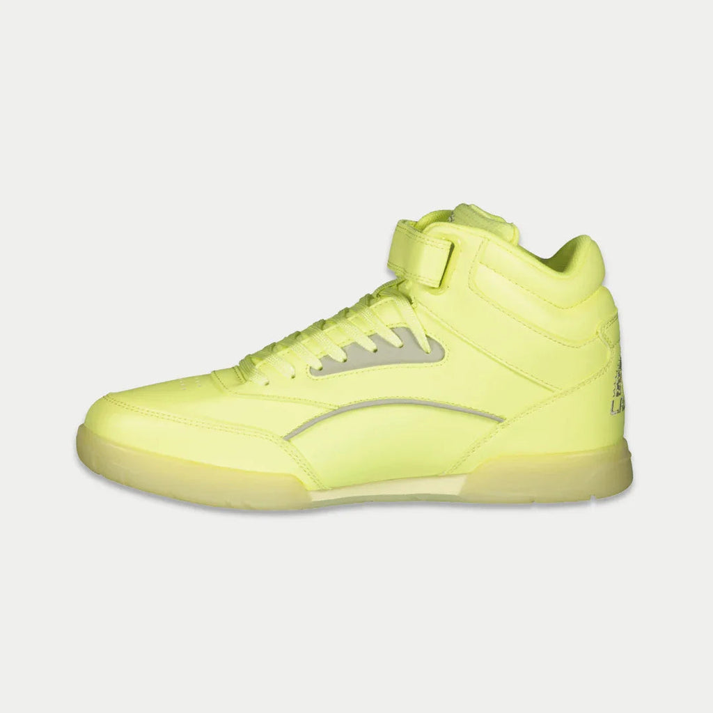 Neon yellow high-top sneaker with hook-and-loop strap, lace-up, and cushioned sole