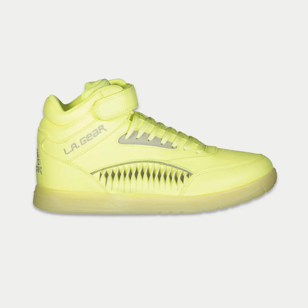 Neon yellow high-top sneakers with LA Gear logo, lace-up closure, and textured panel detail