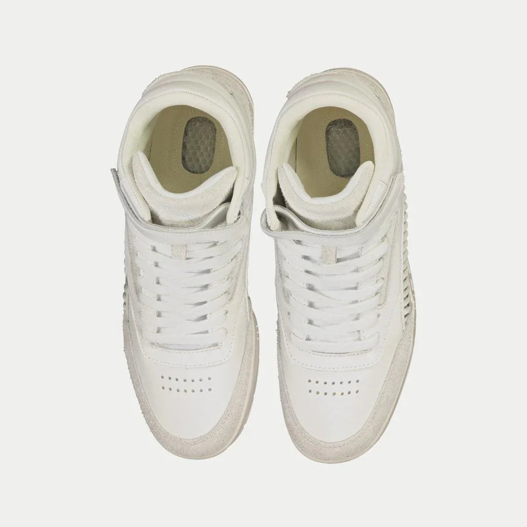 Women’s white retro high-top sneakers, front view showing lace eyelets and tongue