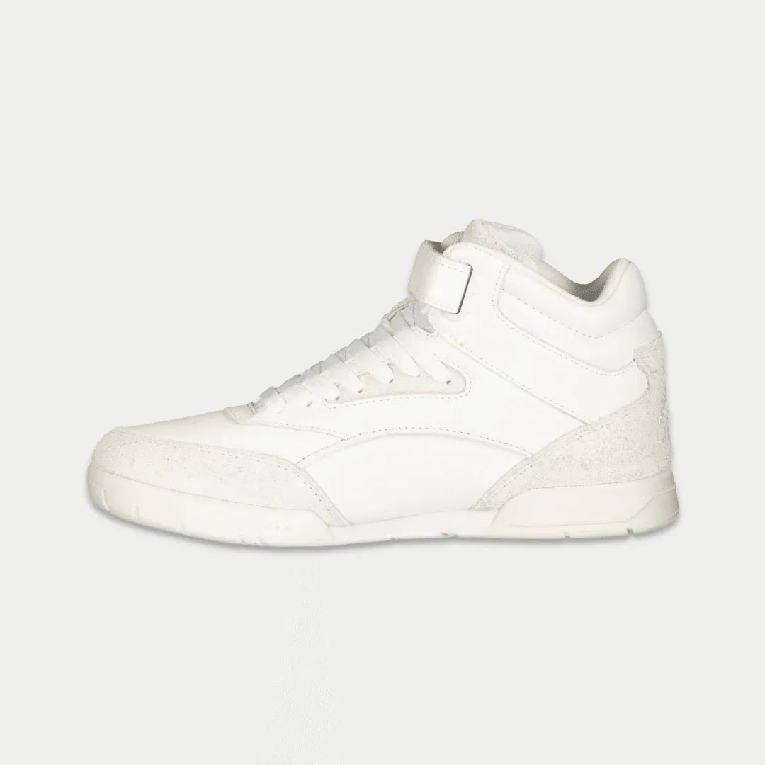Women’s white retro high-top sneakers, angled side profile with textured accents