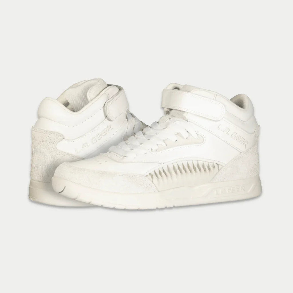 Women’s white retro high-top sneakers, side view with padded collar and laces