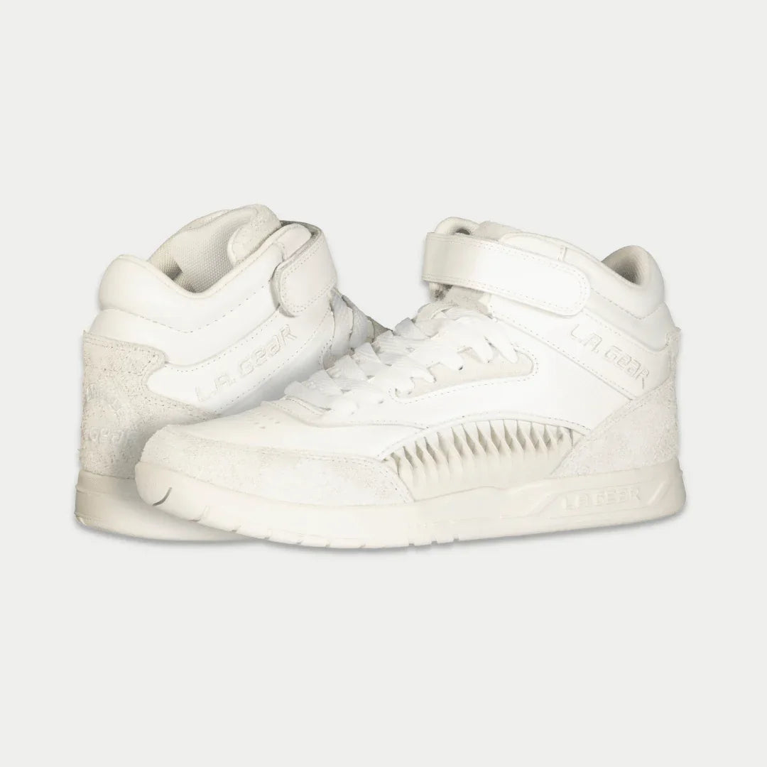Women’s white retro high-top sneakers, side view with padded collar and laces