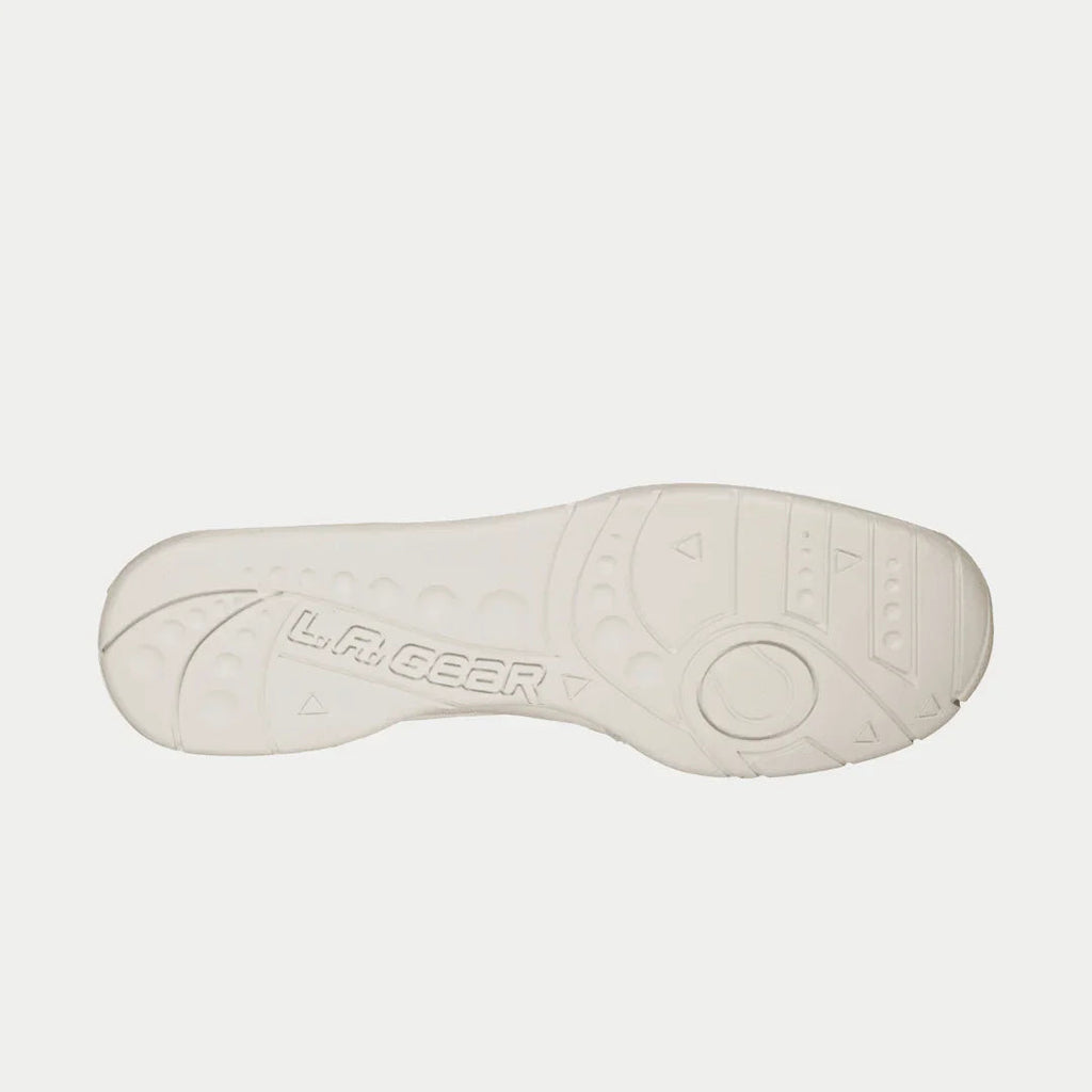 Women’s white retro high-top sneakers outsole with tread and brand embossing