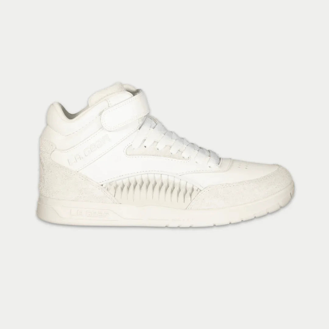 Women’s white retro high-top sneakers with hook-and-loop strap and lace-up front