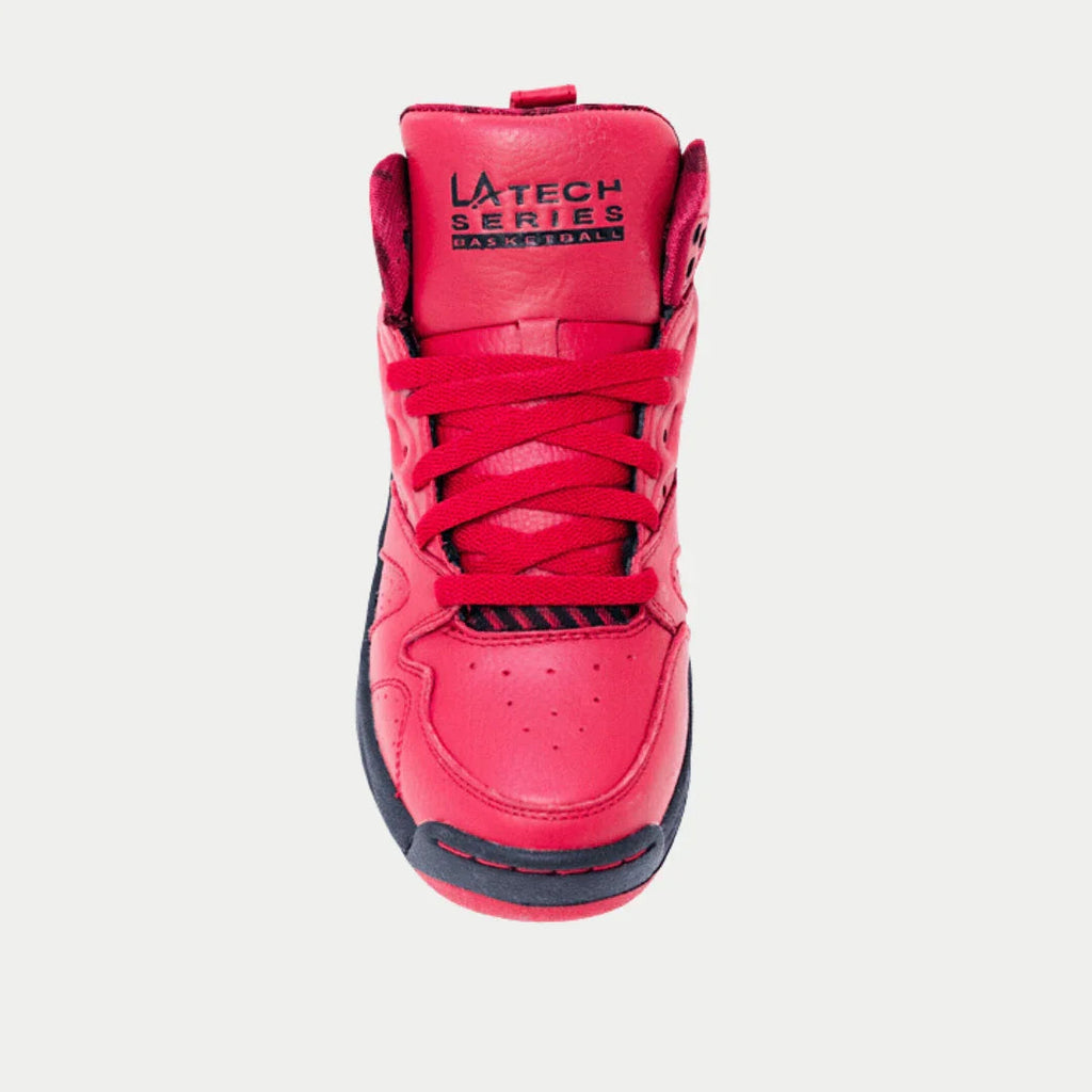 Red and black high-top sneakers, lace-up with padded tongue