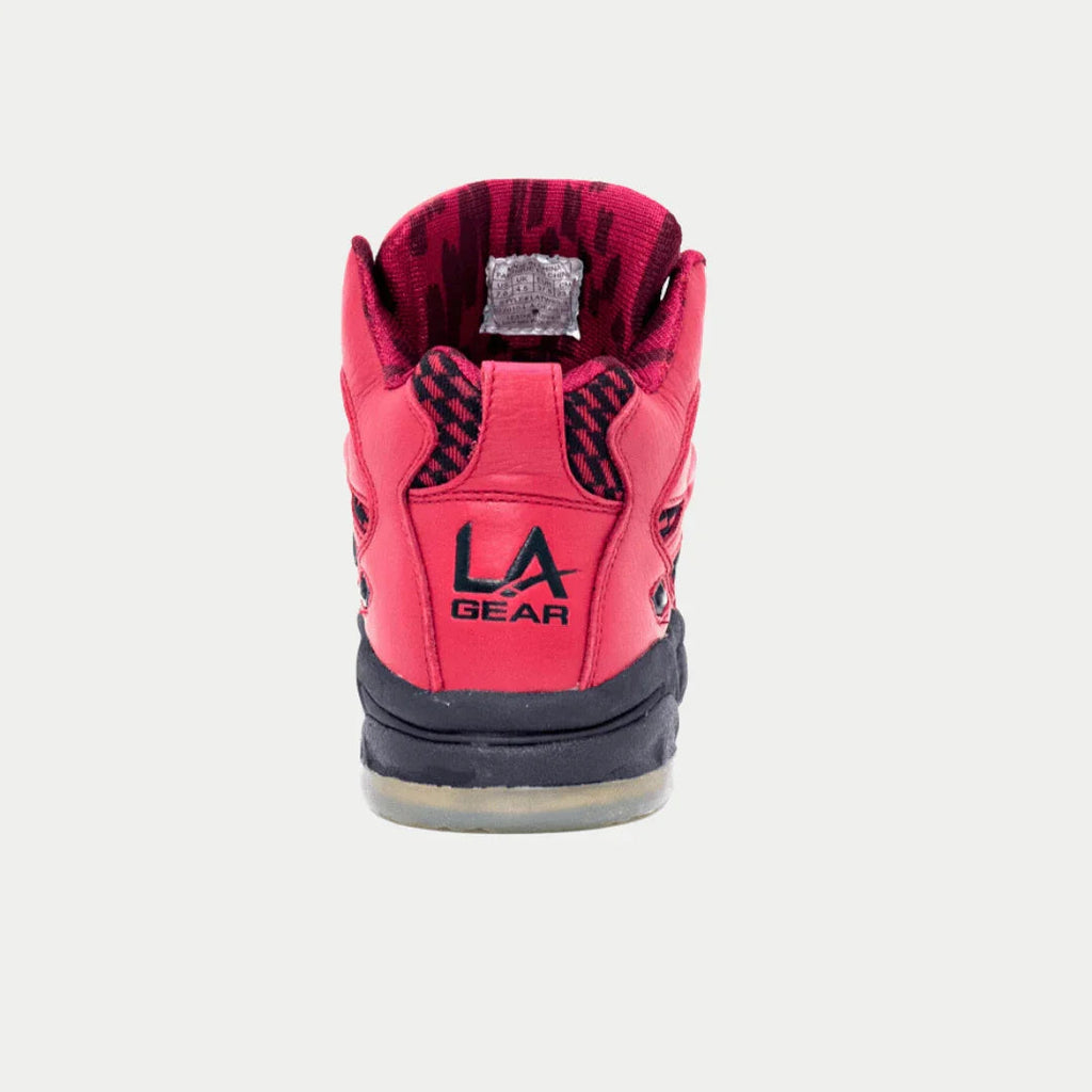Red and black high-top sneakers, rear view with heel tab