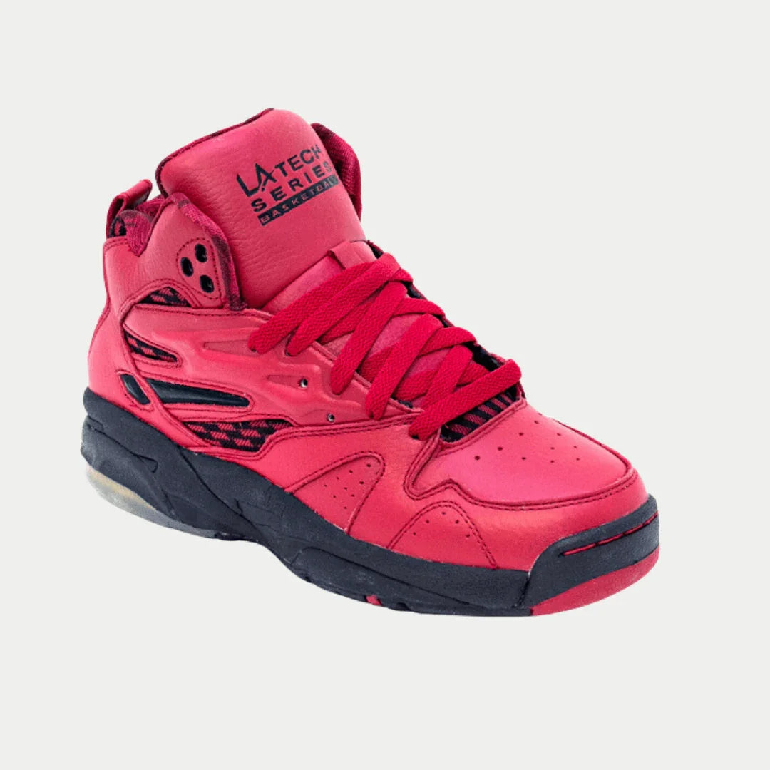 Red and black light-up high-top sneakers, lace-up front