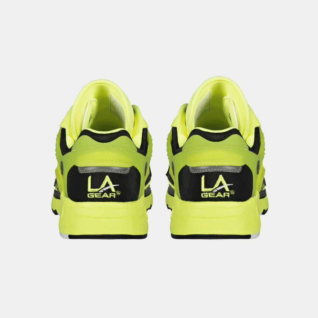 Women's neon yellow and black light-up lowtop sneakers, heel backs with LA Gear text