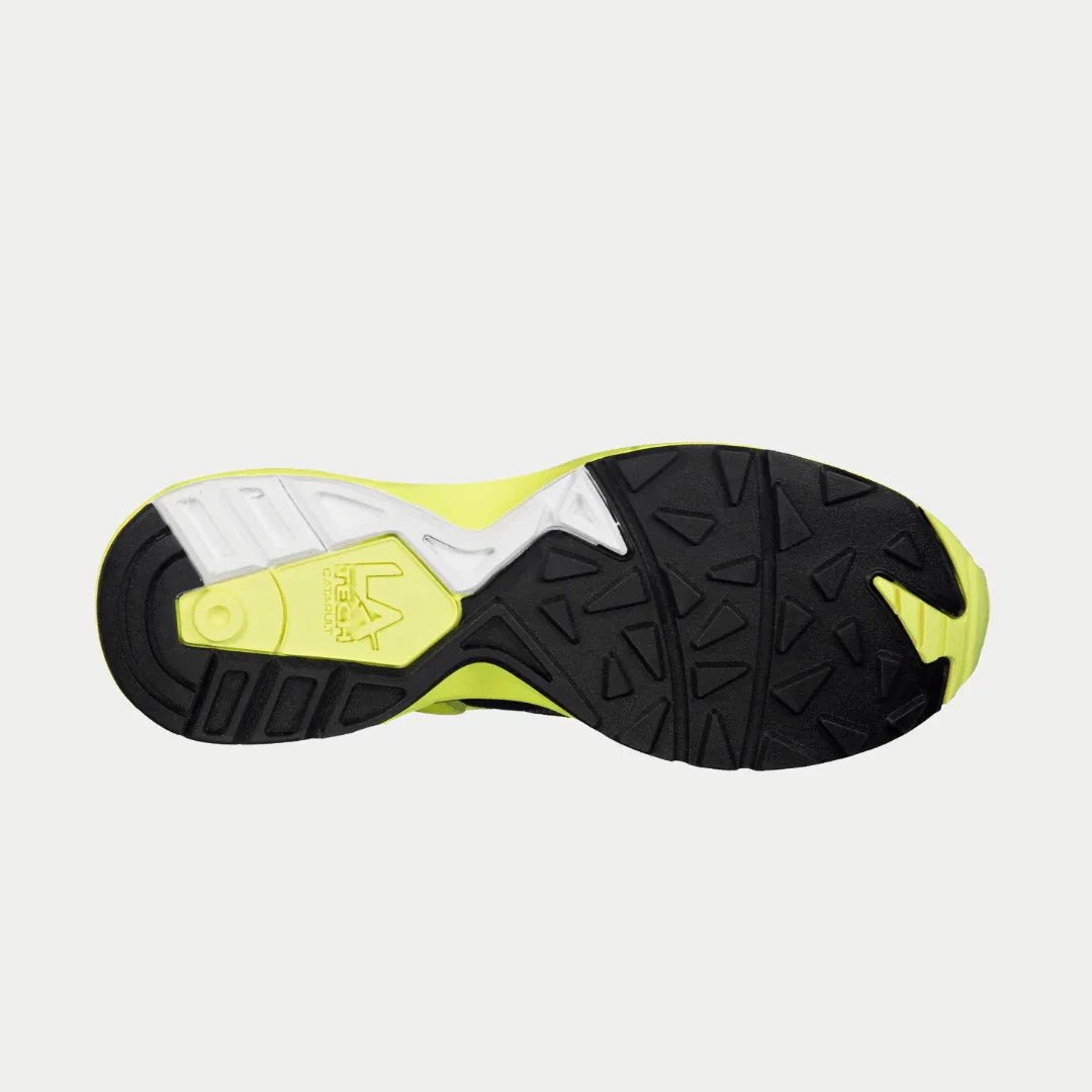 Women's light-up lowtop sneaker outsole with black tread and neon yellow edge