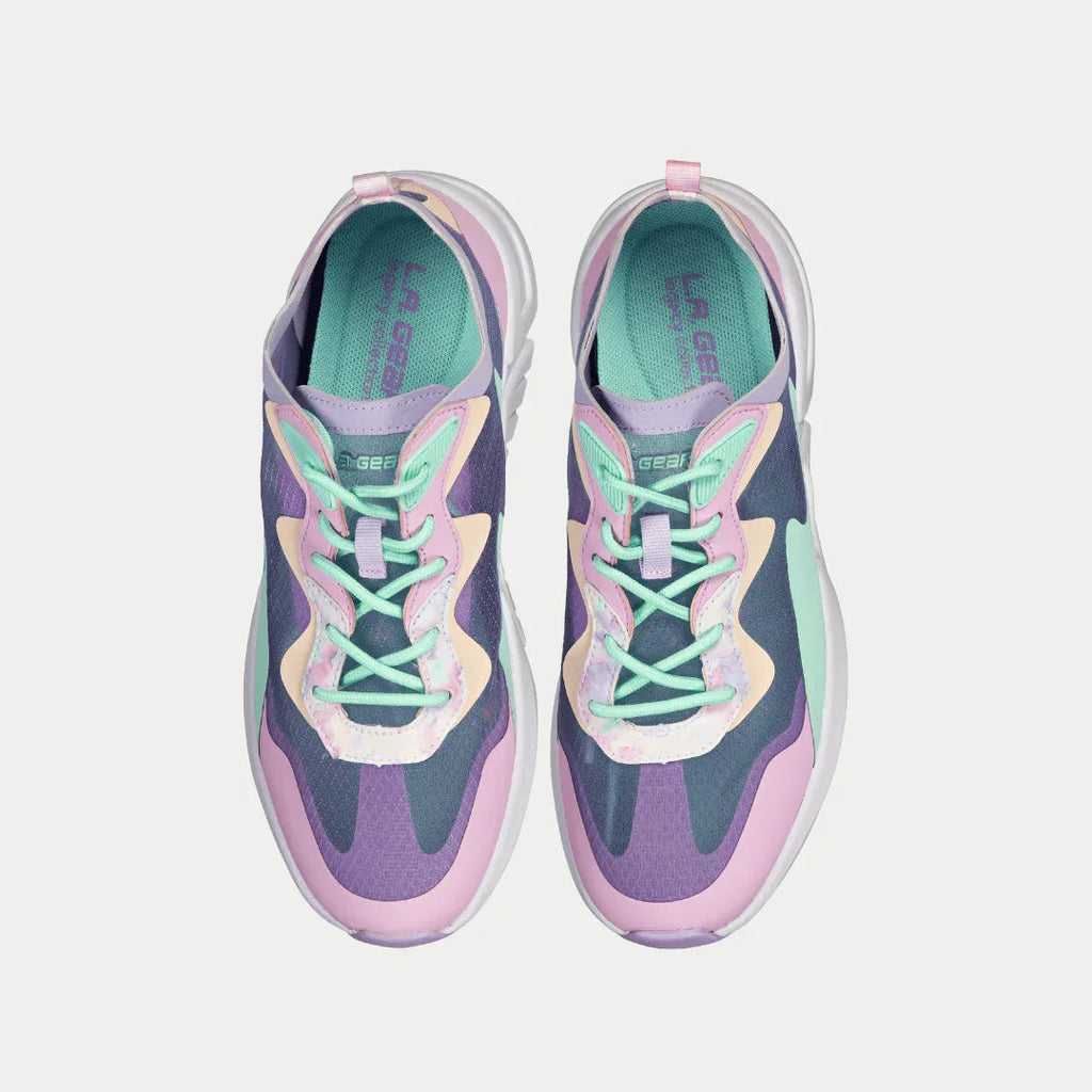 Women’s low-top sneakers with teal interior lining, green laces, lavender and pink uppers