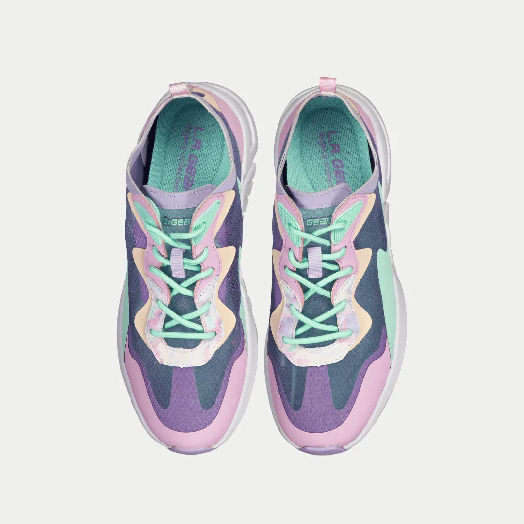 Women’s low-top sneakers with teal interior lining, green laces, lavender and pink uppers