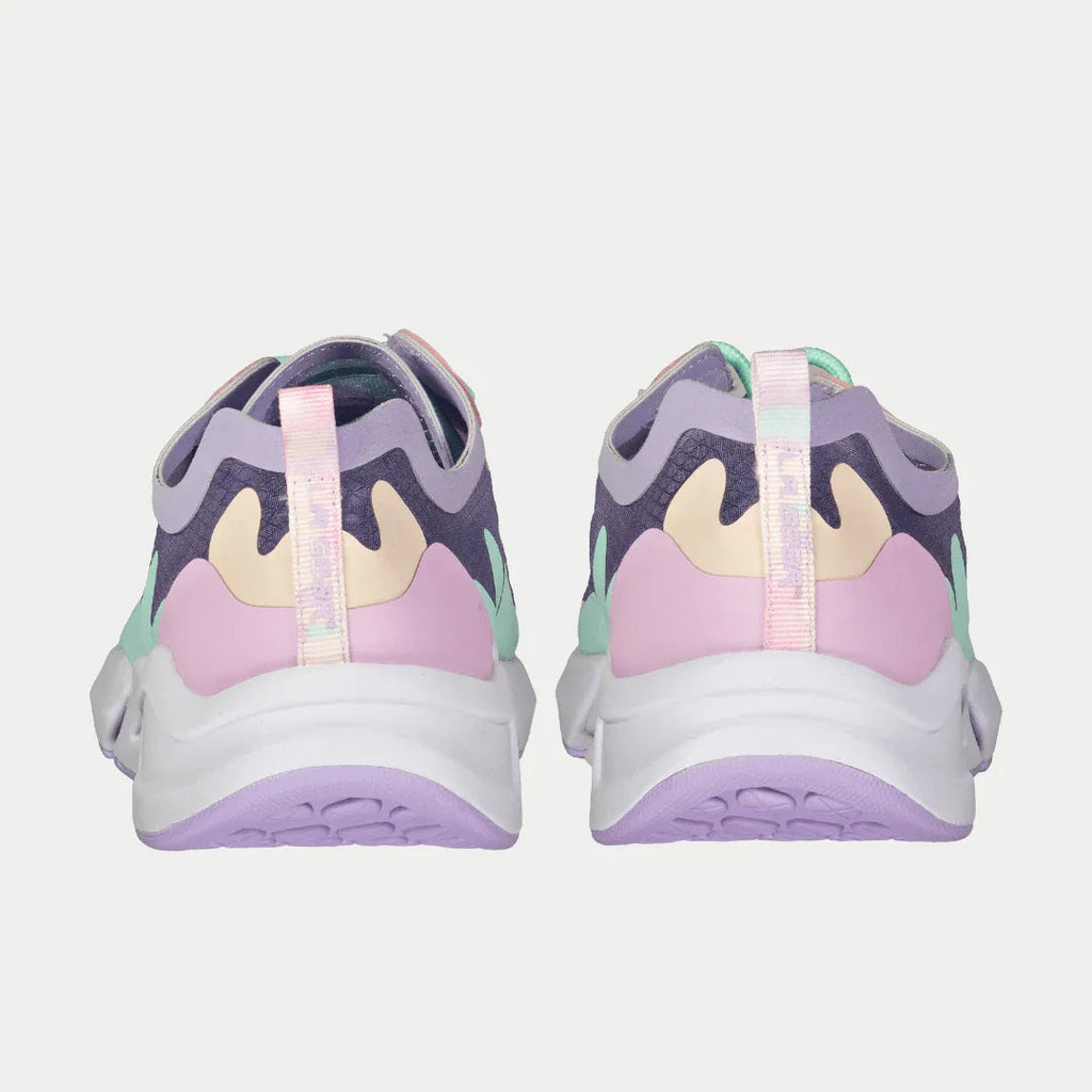 Women’s low-top sneakers heel view in lavender and pink with teal accents and white sole