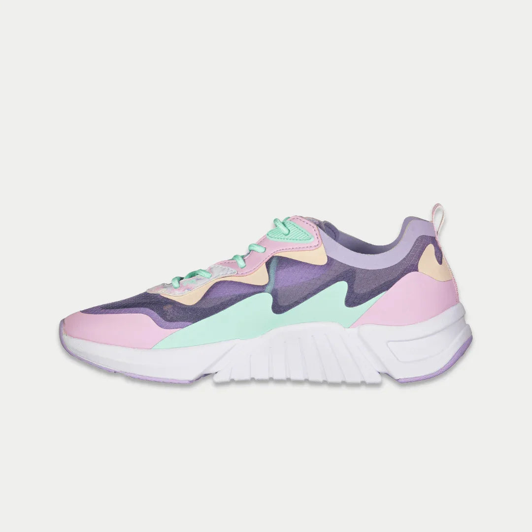 Women’s low-top sneakers in lavender with pink and teal color-blocking and green laces