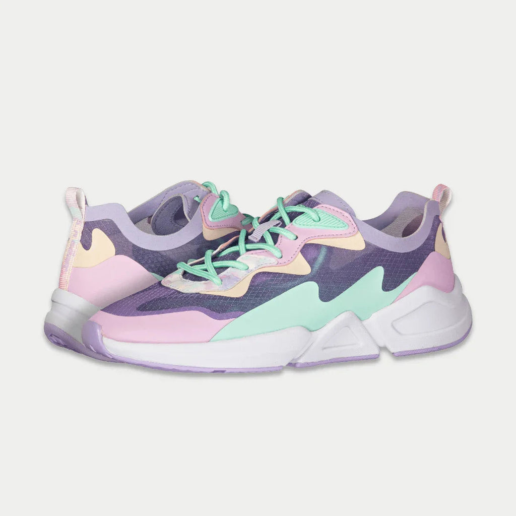 Women’s low-top sneakers, lavender and pink panels with teal accents, green lace-up