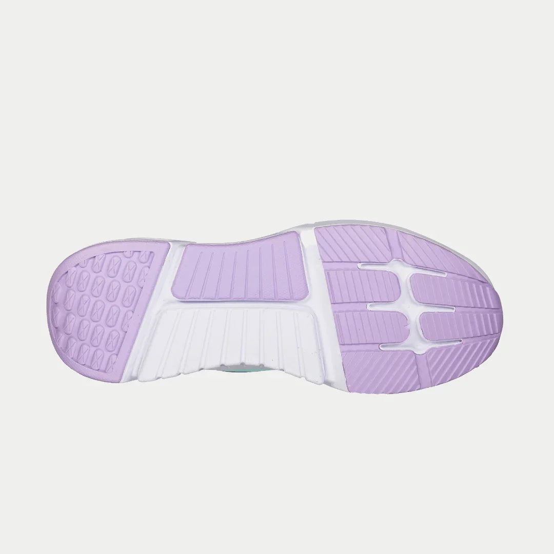 Low-top sneaker outsole with purple tread and white rubber midsole