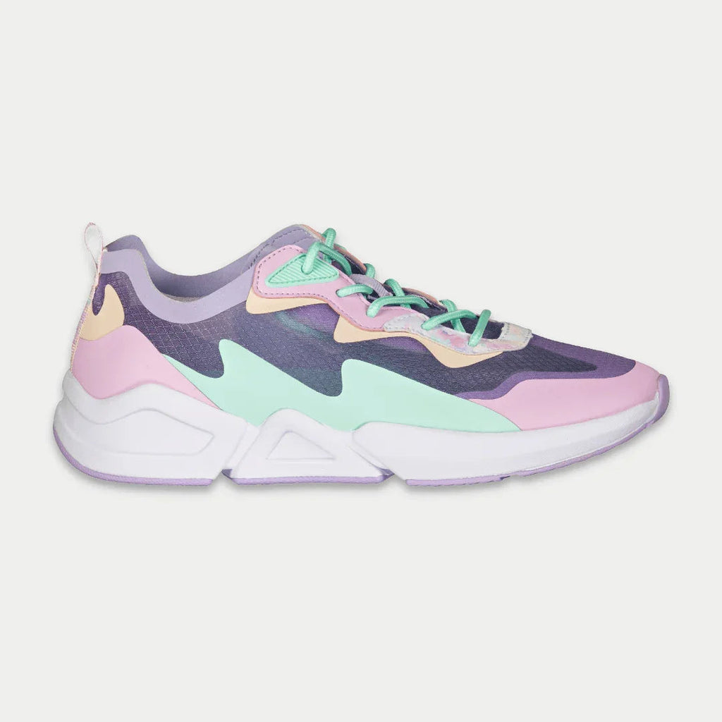 Women’s low-top sneakers in lavender, pink, and teal with green laces and white sole