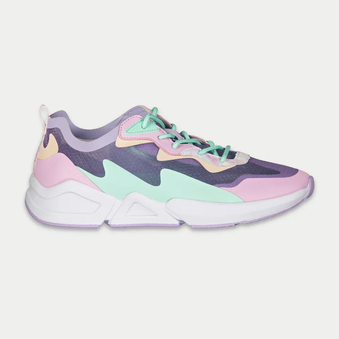 Women’s low-top sneakers in lavender, pink, and teal with green laces and white sole