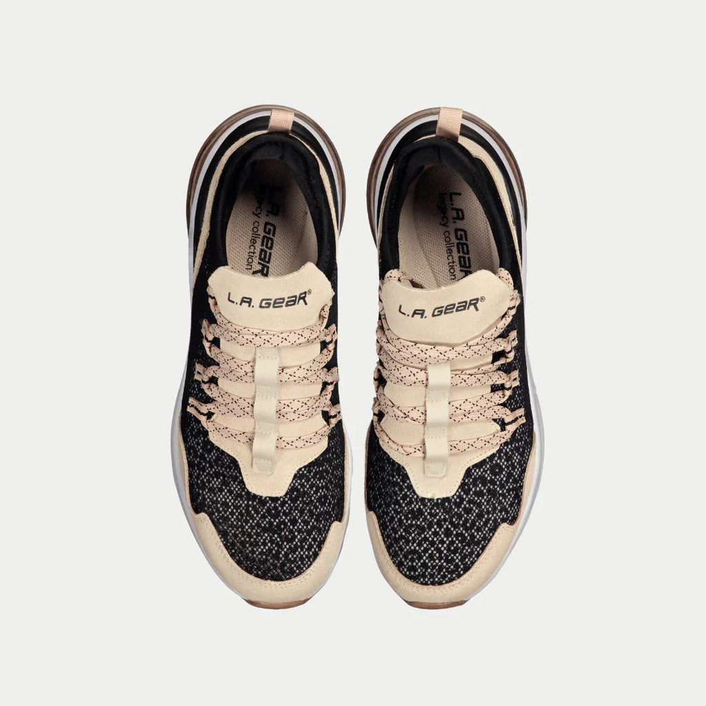 Women’s low-top running sneaker, top view of pair, black and tan with pink-patterned laces