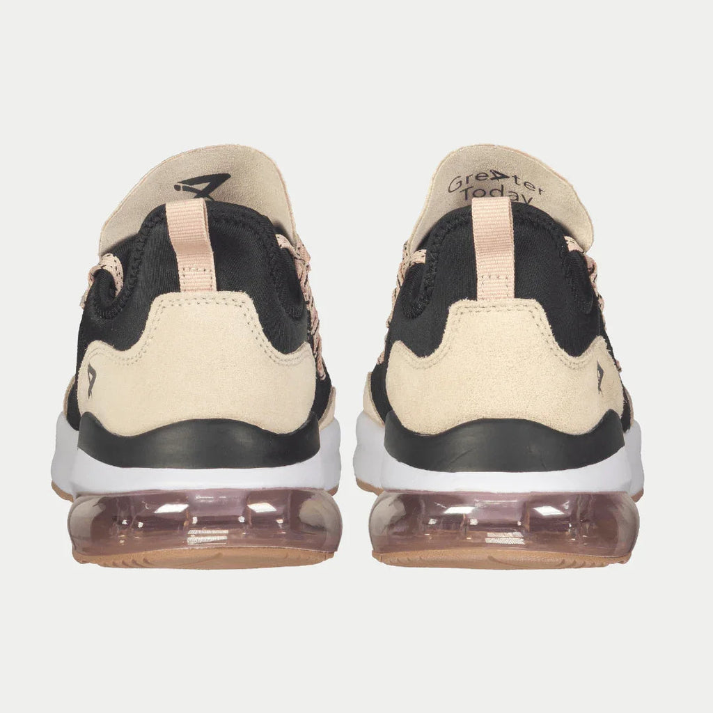 Women’s low-top running sneaker rear view, black and tan with pink-tinted air sole