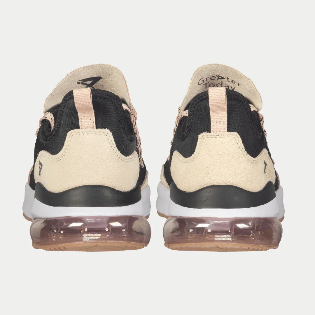 Women’s low-top running sneaker rear view, black and tan with pink-tinted air sole