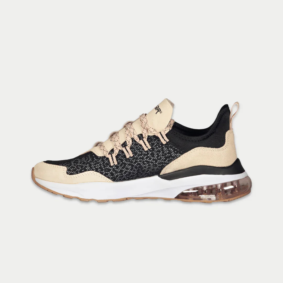 Women’s low-top running sneaker, front-left angle, black and tan with pink lace details
