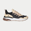 Women’s low-top running sneaker in black, tan, and pink accents with air-cushion sole