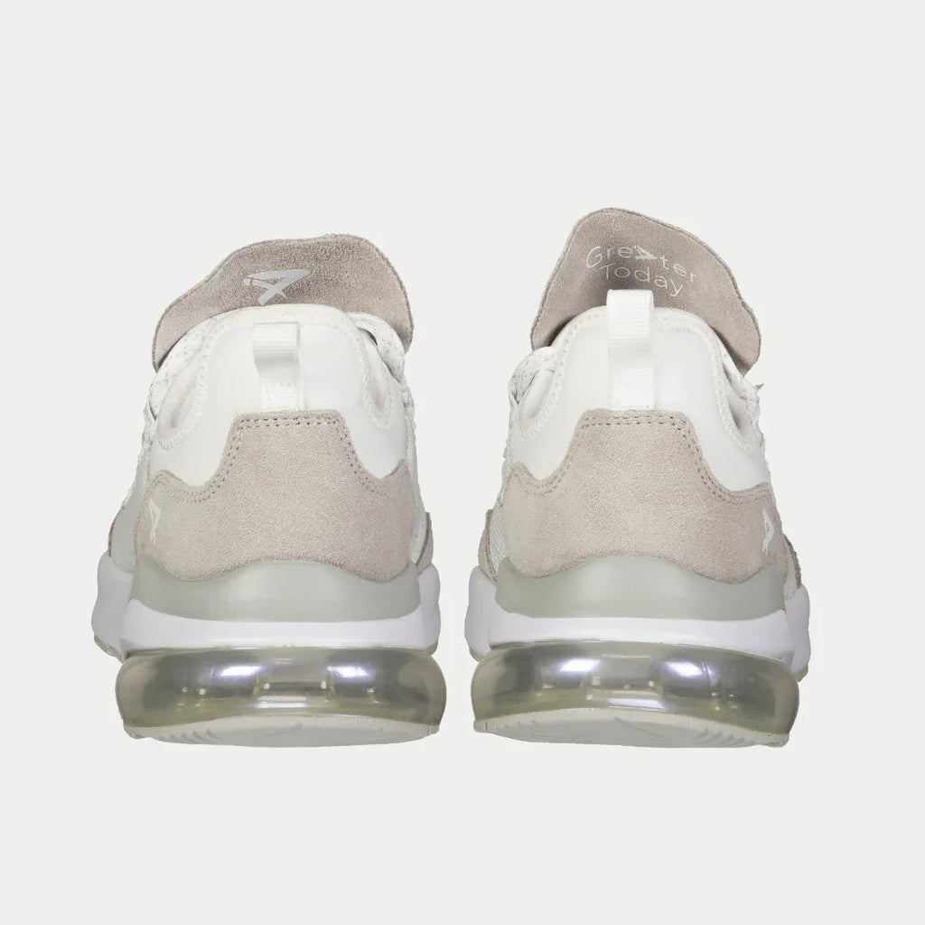 Back view of white and gray lowtop sneakers with lace tabs and air-cushion sole