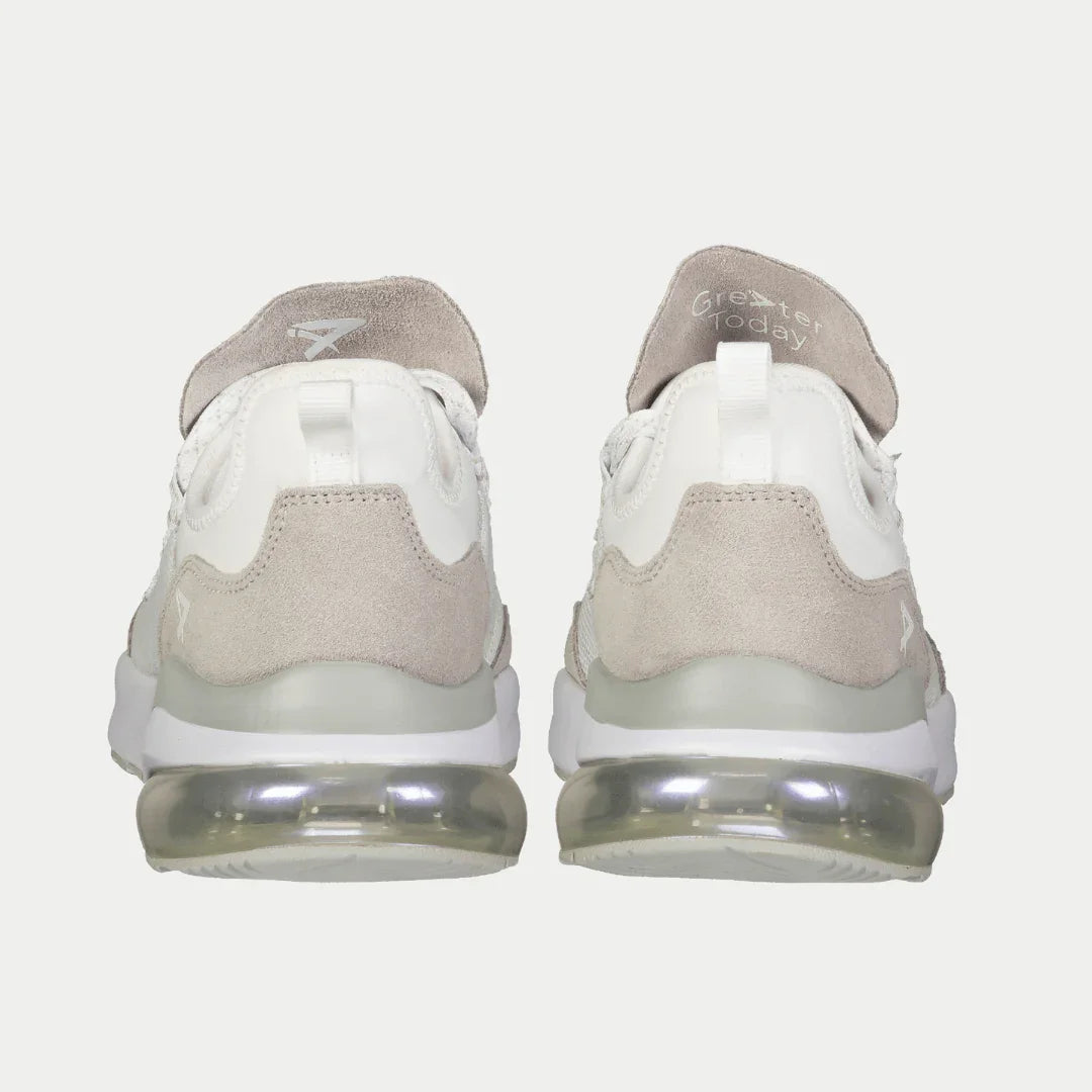 Back view of white and gray lowtop sneakers with lace tabs and air-cushion sole