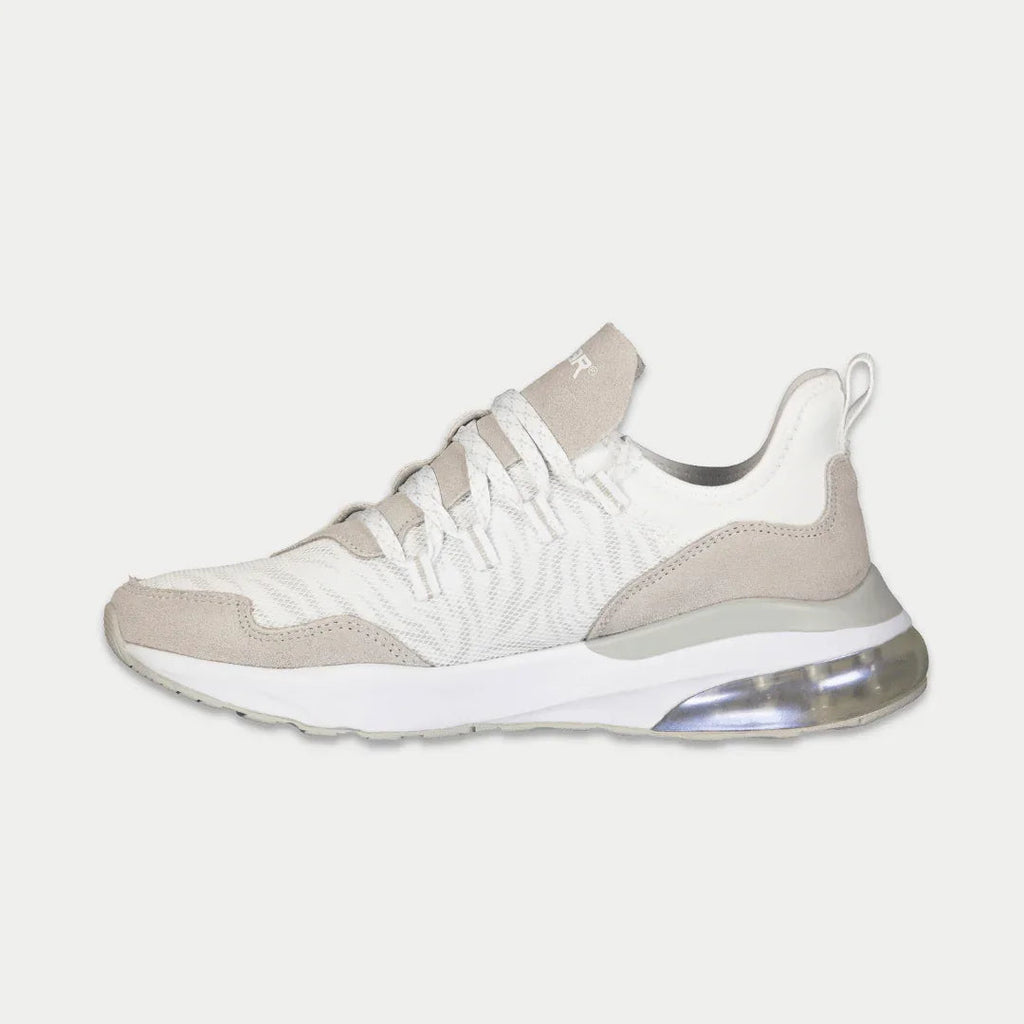 White lowtop sneakers with gray heel and toe panels, lace-up, and reflective air sole