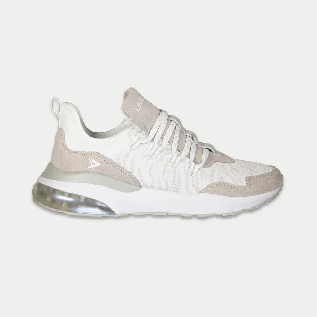 Women’s lowtop sneakers in white knit with gray suede panels and lace-up front