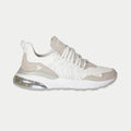 Women’s lowtop sneakers in white knit with gray suede panels and lace-up front