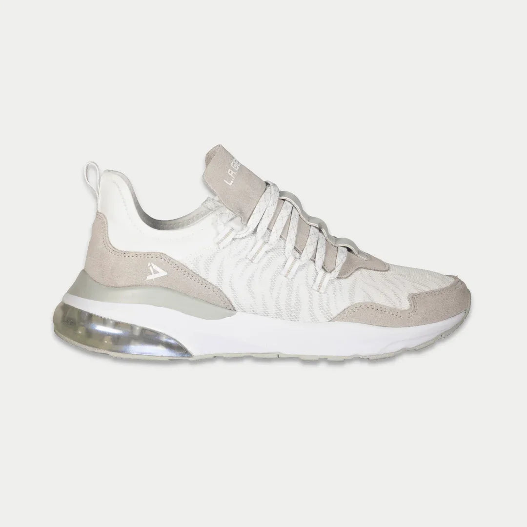 Women’s lowtop sneakers in white knit with gray suede panels and lace-up front