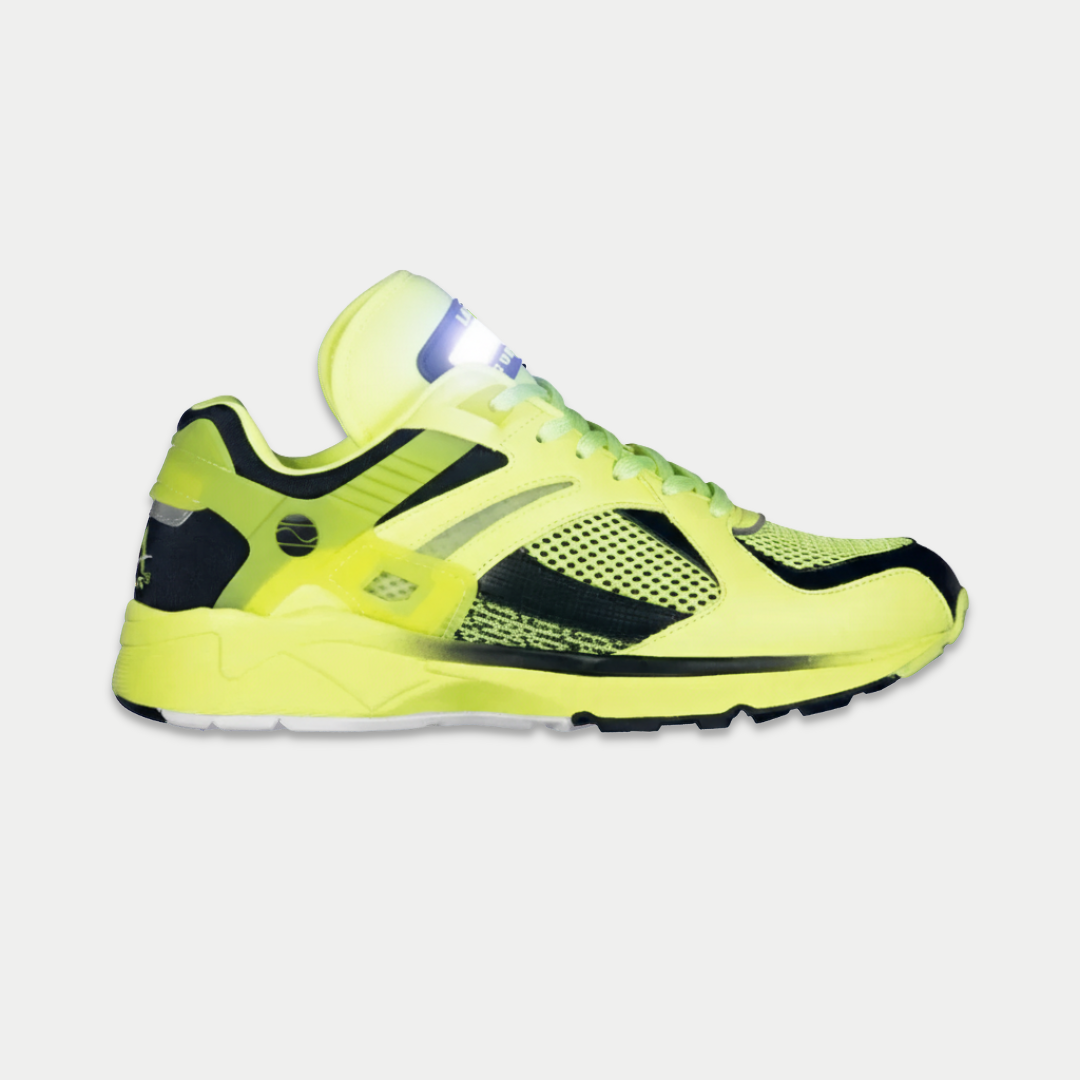 Men's neon yellow and black light-up lowtop sneaker, mesh panels and lace-up front.