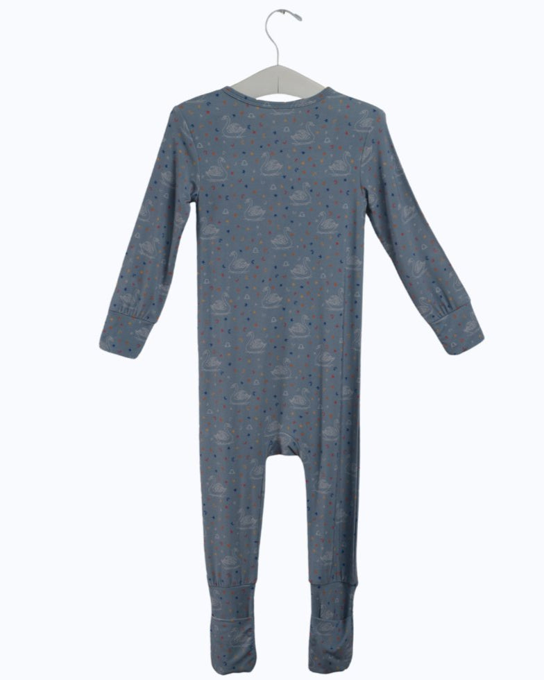 Blue back view toddler zip-front footed romper with long sleeves and zodiac print.
