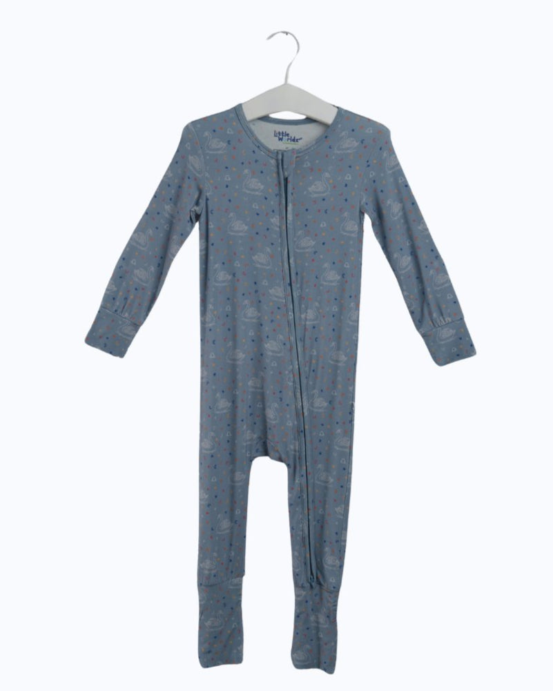 Blue toddler zip-front footed romper with long sleeves and small zodiac print.