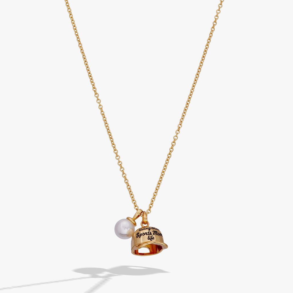 Gold baseball charm necklace with pearl bead and cap pendant