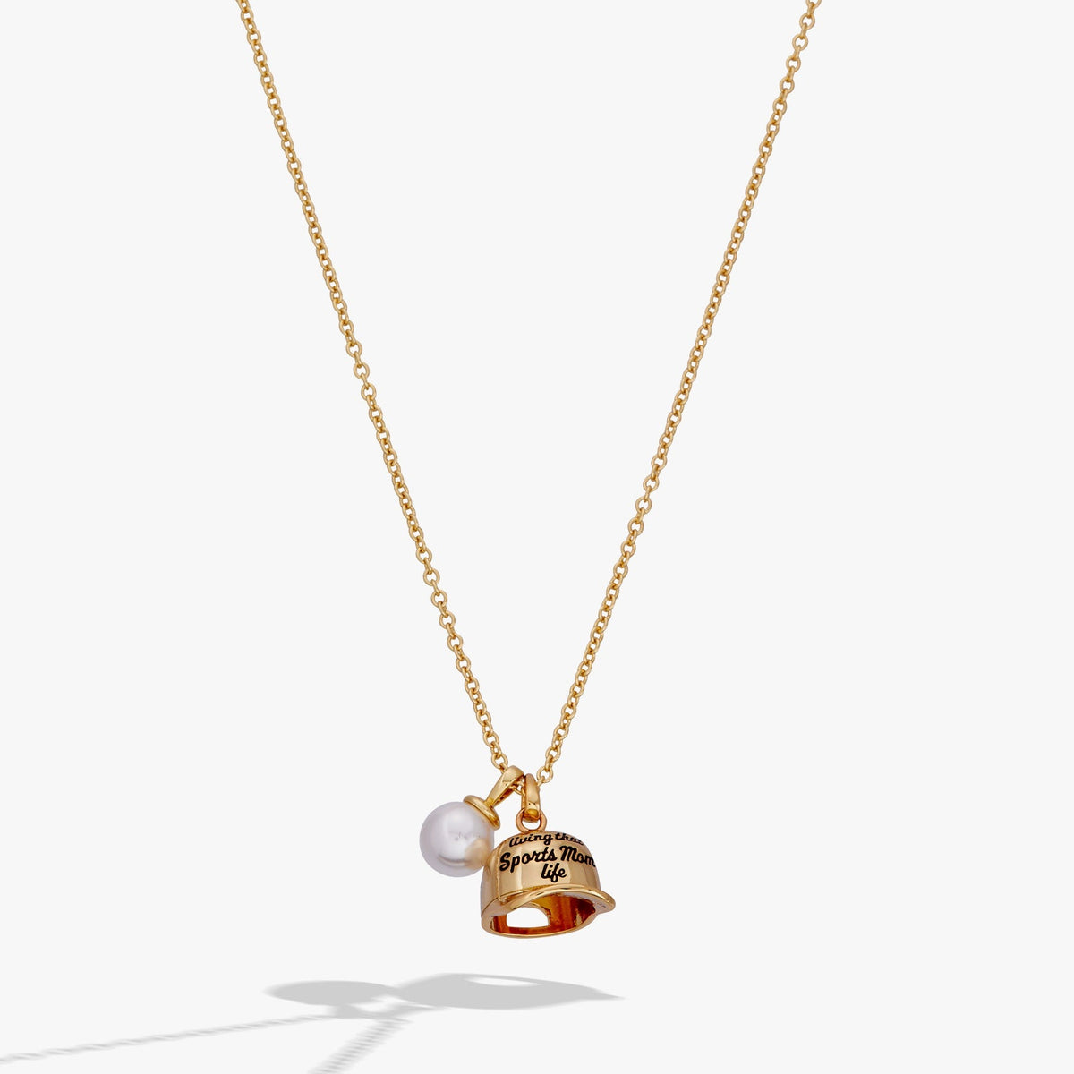 Gold baseball charm necklace with pearl bead and cap pendant