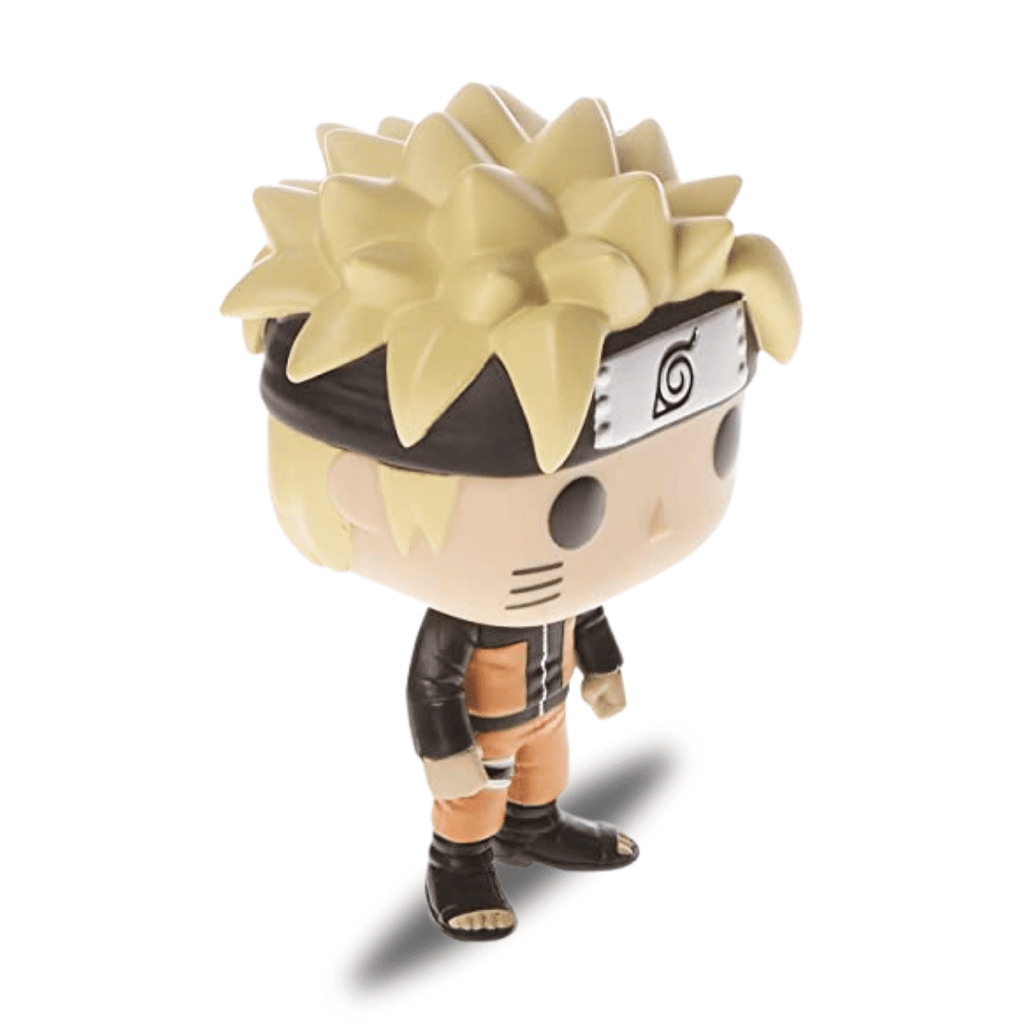 Naruto Funko Pop figurine side view, blond spiky hair, black headband, orange vest