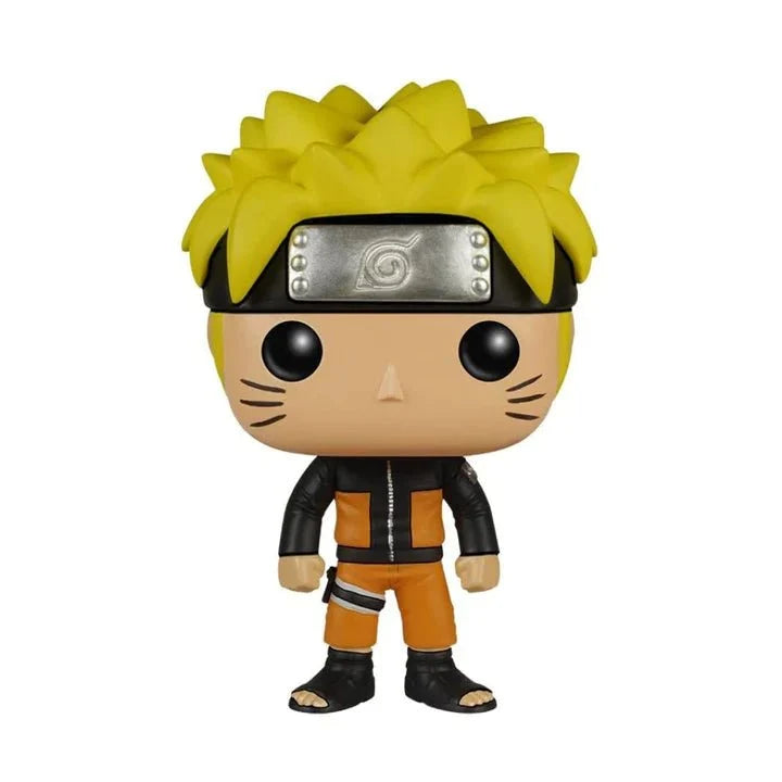 Naruto Funko Pop figurine front view, spiky blond hair, black headband, orange outfit