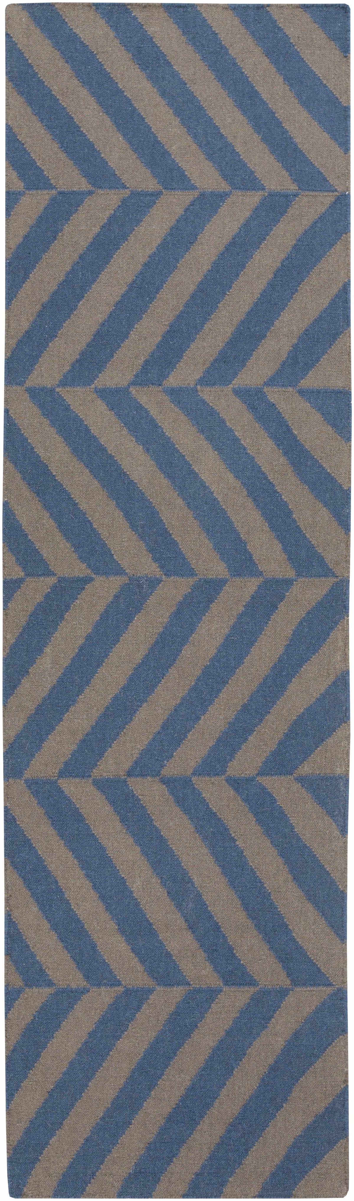 Flat weave area rug close-up with repeating chevron pattern in charcoal and navy.