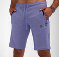 Steel blue shorts front view: elastic waist, drawstring, logo badge