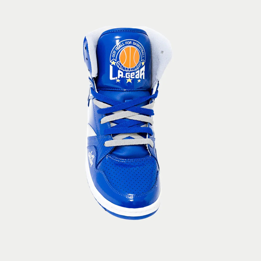 Blue lace-up high-top sneaker with perforated toe and padded collar