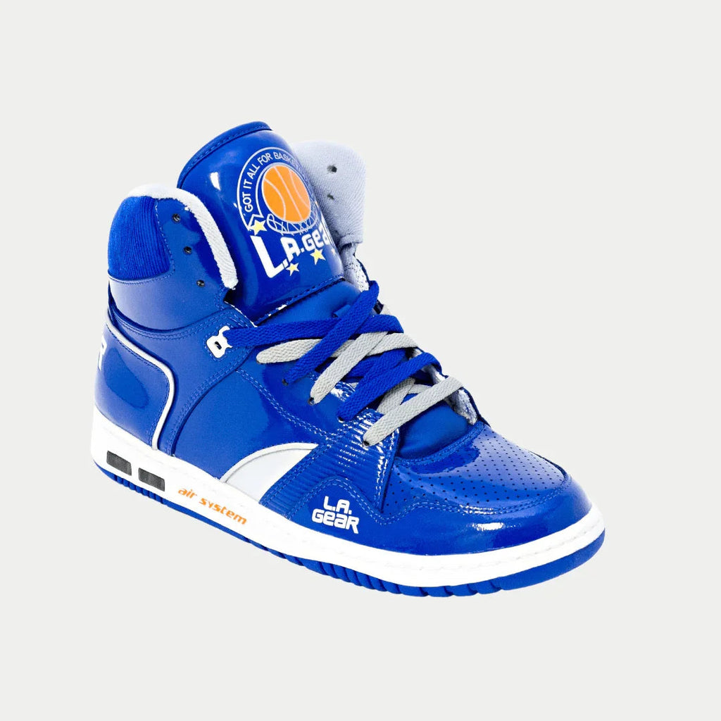 Blue high-top sneakers with white side panel, lace-up closure, LA Gear branding