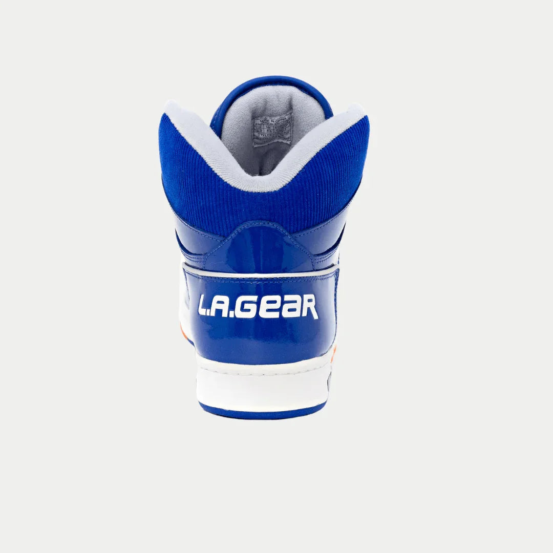 Blue high-top sneaker heel view with white sole, cushioned collar, LA Gear logo